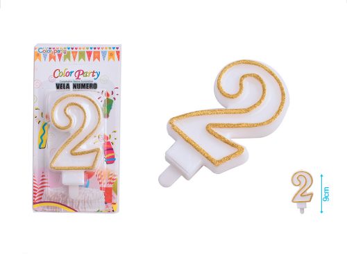 Feestviering cijferkaars verjaardagskaars nr 2 goud-wit 7cm
