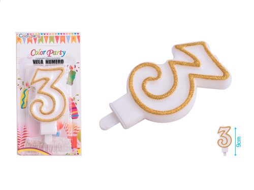 Feestviering cijferkaars verjaardagskaars nr 3 goud-wit 7cm