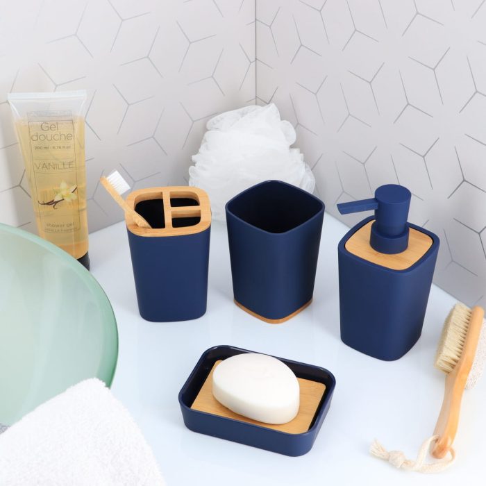 RUBBER SOAP DISPENSER + ABS AND BAMBOO 380 ML - NAVY BLUE
