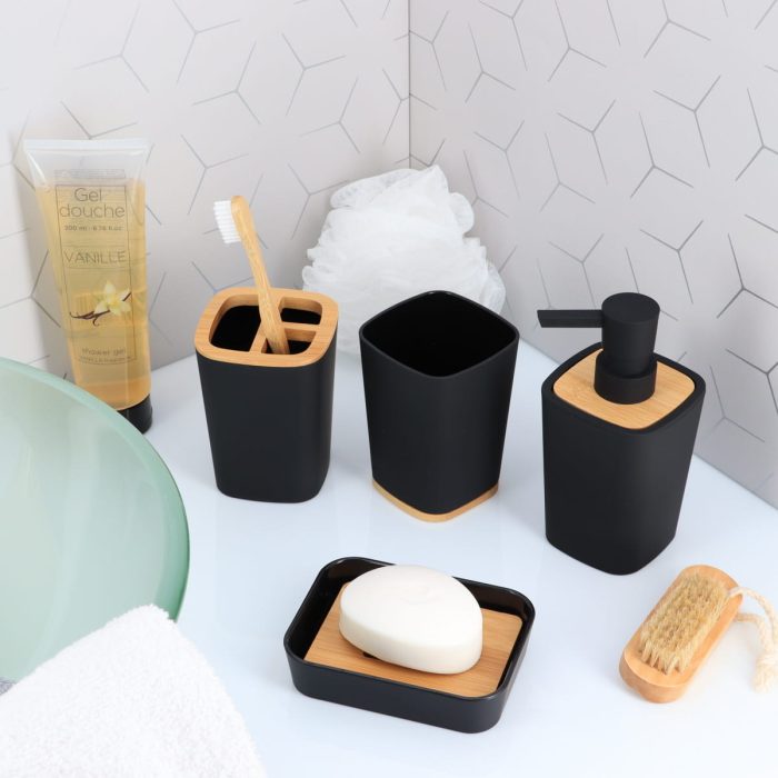 RUBBER SOAP DISPENSER + ABS AND BAMBOO 380 ML - BLACK