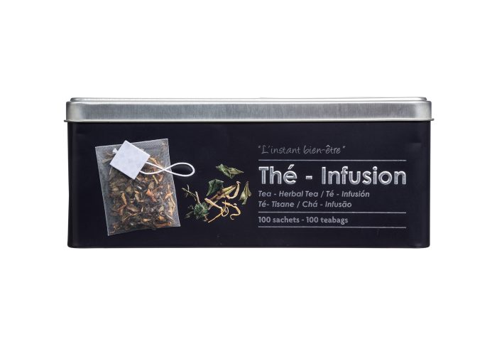 Metalen theezakken voorraadblik met 3D embossing 100 theezakken TEA BAGS BOX EMBOSSED 3D aluminium staal stalen bewaardoos voorraaddoos theedoos opbergdoos doos zwart
