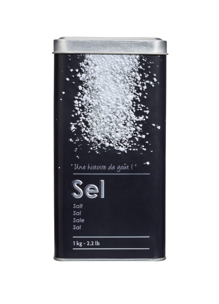 Metalen zout voorraadblik met 3D embossing 1kg COARSE SALT BOX EMBOSSED 3D metalen zout voorraadblik aluminium staal stalen bewaarblik beaardoos voorraaddoos opbergdoos voorraadbus zwart
