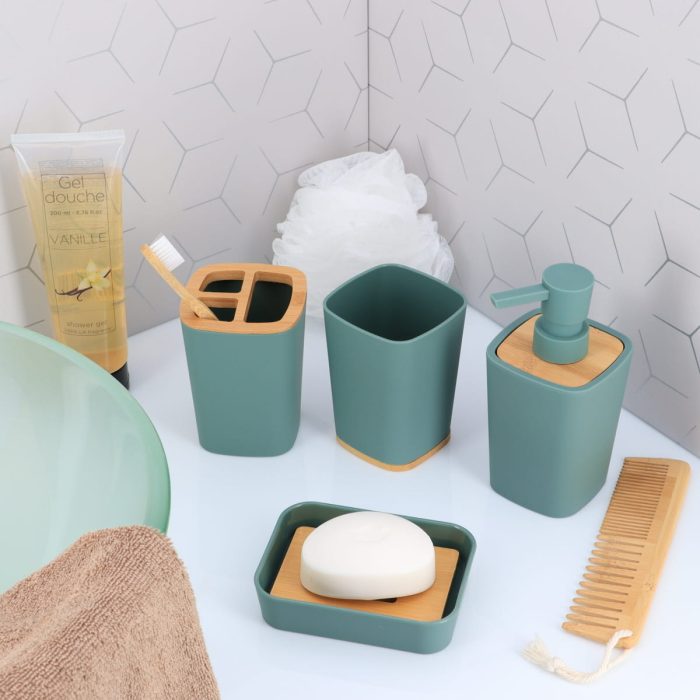 RUBBER SOAP DISPENSER + ABS AND BAMBOO 380 ML - SAGE GREEN