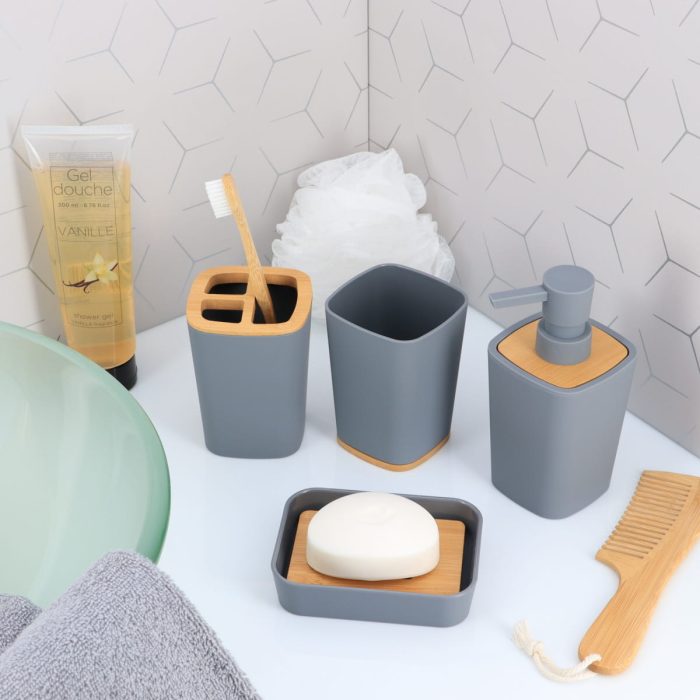 RUBBER SOAP DISH + ABS AND BAMBOO - GREY