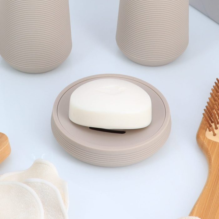 RUBBER AND ABS SOAP DISH WITH STRIPES - TAUPE