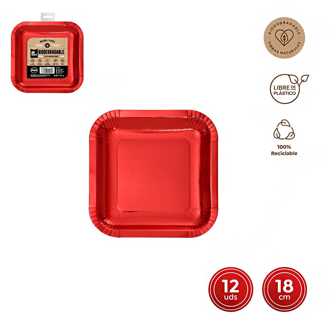 Vierkant vierkante kartonnen feestbord plat bord ROOD 18x18 cm 12st METALLIC-rood