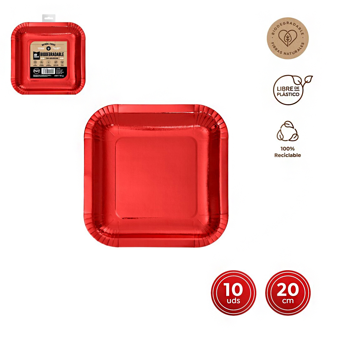 Vierkant vierkante feestbord kartonnen bord plat bord ROOD 20x20 cm 10st METALLIC-rood