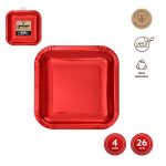 Vierkant feestbord kartonnen bord plat bord 26x26cm ROOD 4st METALLIC