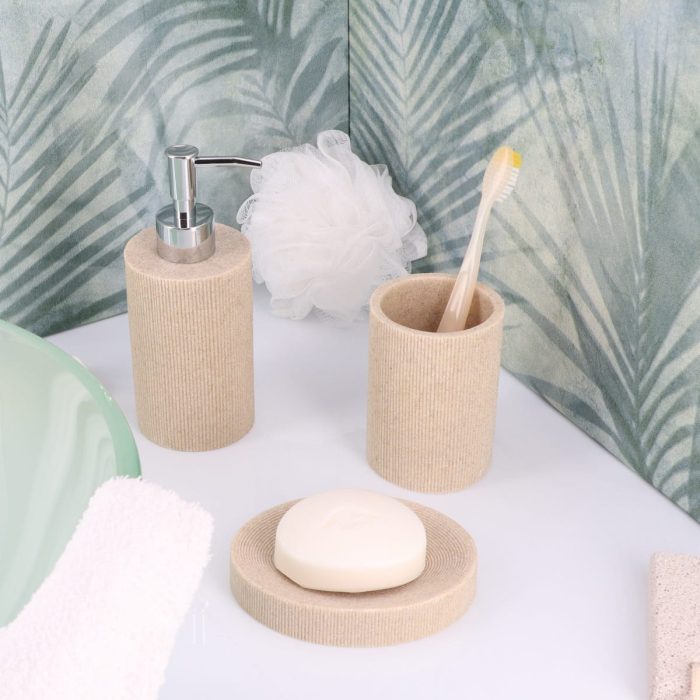 POLYRESIN SOAP DISPENSER WITH STRIPES 310 ML - NATURAL