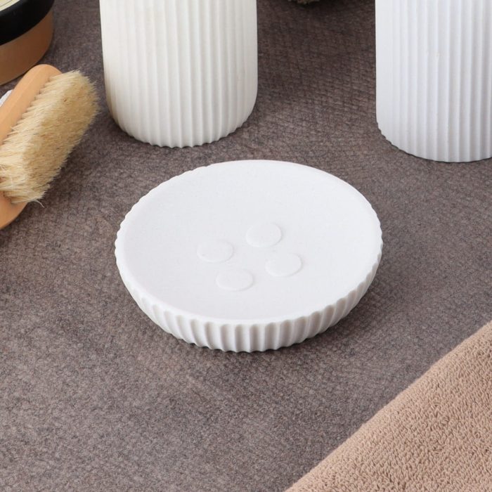 ROUND POLYRESIN SOAP DISH WITH STRIPES - WHITE