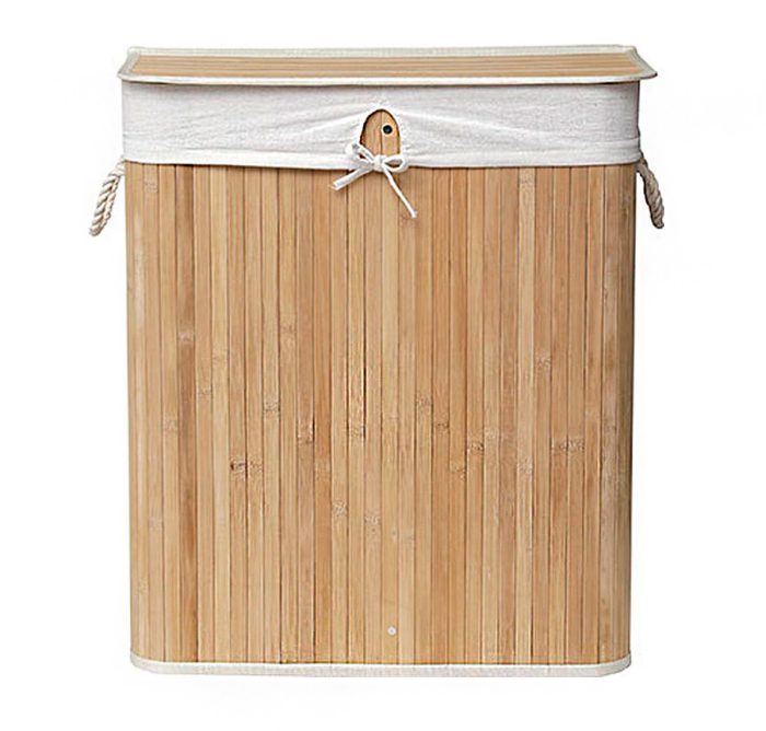 RECTANGULAR FOLDABLE BAMBOO LAUNDRY BASKET WITH 2 COMPARTMENTS - BAMBOO/LINEN FABRIC